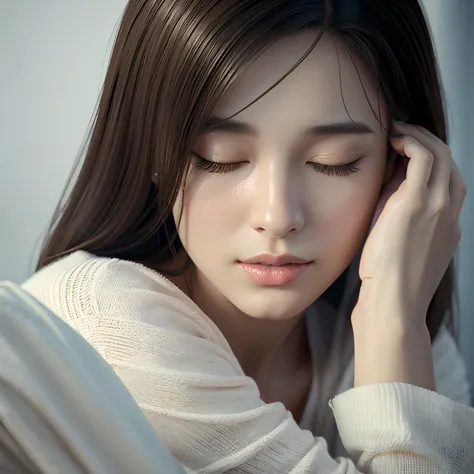 Arafe woman with her eyes closed and worried、Photorealistic girl、Smooth CG art、render of april、ig model |artgerm, 3d realistic, Style artgerm,  !Dream Art Germ、photorealistic art style、realistic 3 d style、realistic art style