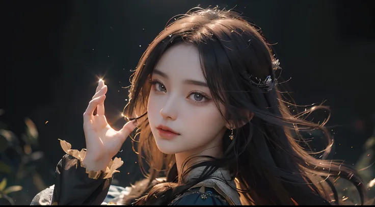 Beautiful witch girl in a magical fantasy world.., Wear glasses,Stand under the starry sky, With sparkling eyes and charming lips... She wears a popular anime-style witch costume.., Which perfectly complements her mysterious aura... The scene is rendered u...