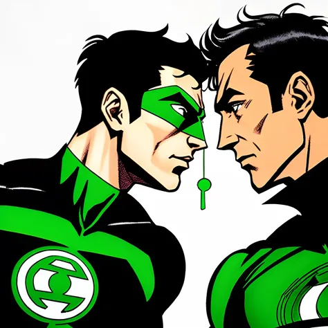 Green Lantern kissing a pale man wearing black clothes and black hair