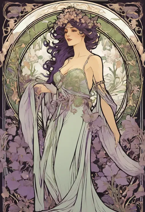 8K.Poster illustration in Alphonse Mucha style, Gothic woman, goddess of death, pelo negro, Pale skin flat paint, Beautiful western woman in ankle-length lilac dress, Emmavatoso,Holding a bouquet of white lilies,The whole body is,Slim body,The barefoot,mod...