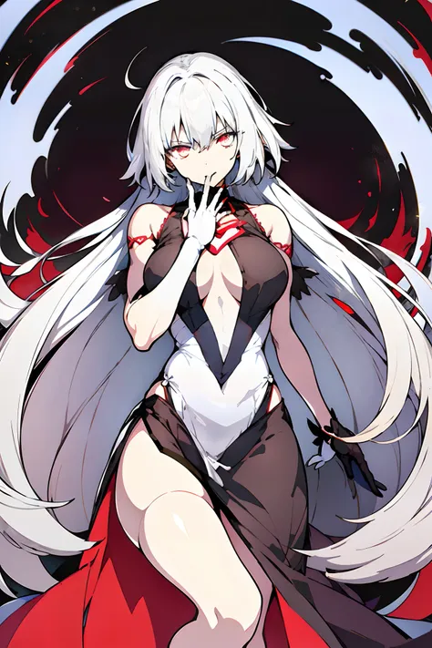 white-haired woman,red aura around,beautidul eyes,white gauze dress, thin, it covers all vital organs except the face..., wear a...