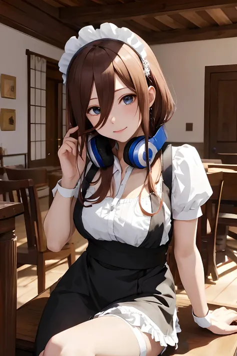 masterpiece, best quality, maid, maid headdress, headphones around neck, cowboy shot, sitting, coffee, indoors