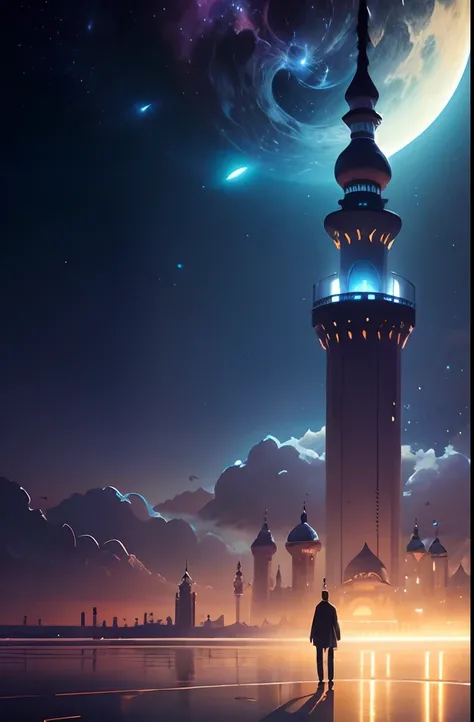 islamic, muslim, moon, - style illustration of a man standing on a beach with a mosque in the background, makoto shinkai cyril Rolando, cosmic skies. by Makoto Shinkai, anime fantasy illustration, a beautiful artwork illustration, tranquility of the endles...