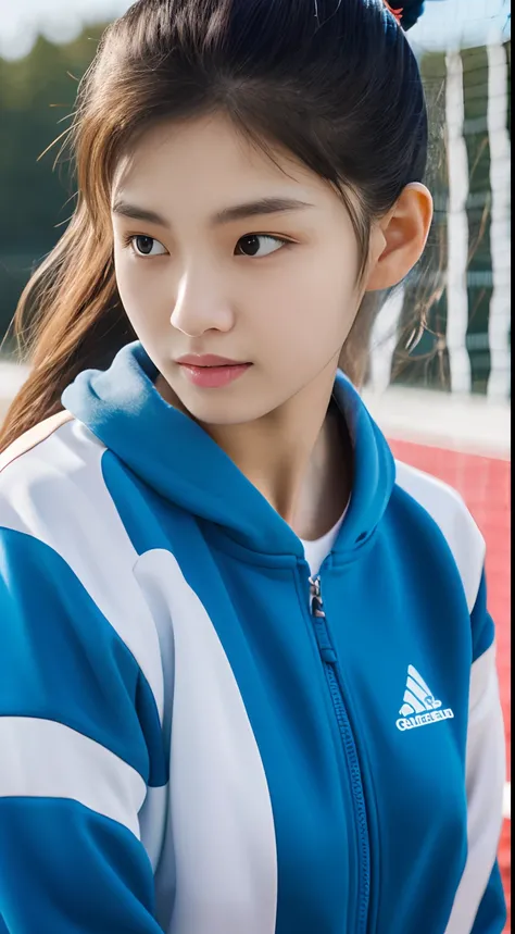 Girl in tracksuit, playing badminton, super sexy, 8K images, hyper-realistic, Systemic, Detail Side, Koreans, 18 years old,