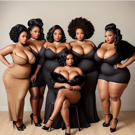 Portrait of a  group of curvy big breasted black women with big hips, pinup  model, lomg hair wearing  ballgowns ,  fur coat,  vintage. bbw, holding a pineapple,  swinger