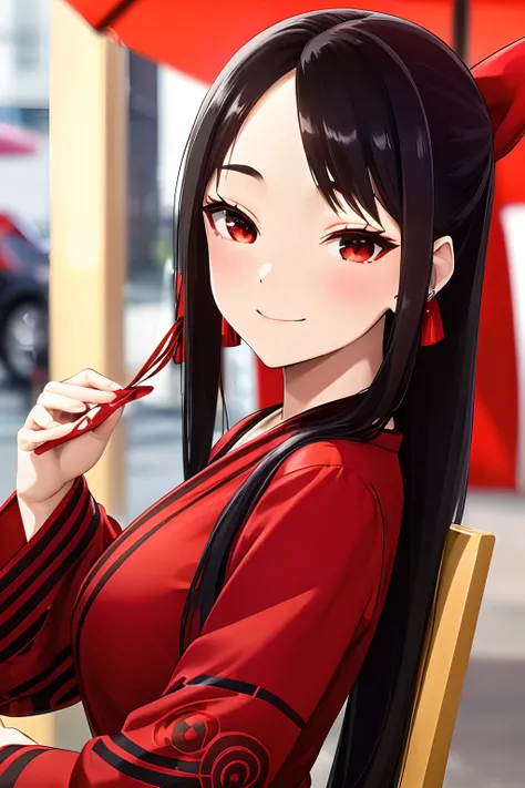 (((beautiful Asian woman))), (((Long black hair with red ribbon))), (((dark brown eyes))), wearing a beautiful red yukata, smiling, delicate face, super detailed, 8k, super quality, sitting on the street chair, heart earrings, Using the cellphone