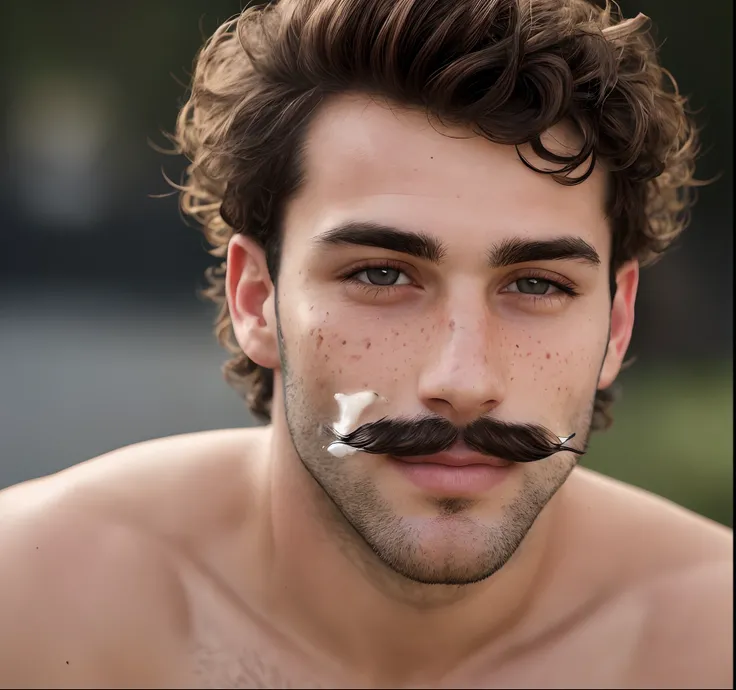 italian male, strong athletic build, curly brown hair, dark brown eyes, freckles, slight beard and mustache, beauty mark under his right eye along with other beauty marks here and there around his body.