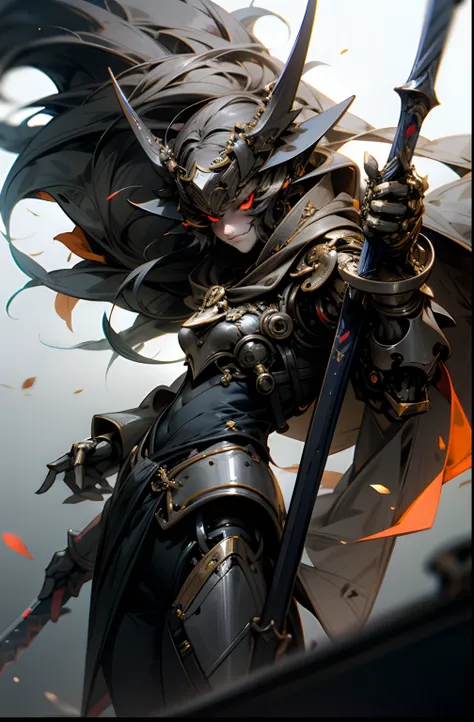 Dark_fantasy,Classical punk，Mechanical punk,(,Red:1.1),1人,Mechanical Wonder,Robotic presence,cybernetic guardians,A demon in black classical armor，Hand halberd，A black flame of Fang Tians halberd，iintricate，Black titanium，ellegance，Clear focus，Photo by Gre...