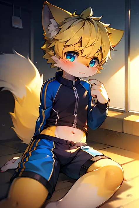 Blue pupils, Light yellow fluffy body, Light yellow furry tail, Boy cat，Exquisite wallpapers，Very cute，Light yellow hair，The popular style of the P station，One role solo，Light yellow cute fluffy little long legs，Shotai style，Blushlush，Tight-fitting tracksu...