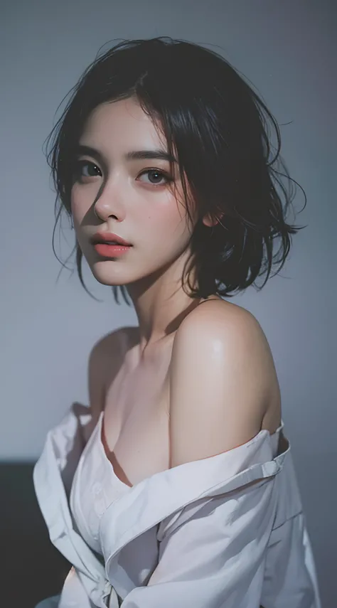 Best quality, masterpiece, ultra high res, (photorealistic:1.5), raw photo, 1girl, offshoulder, in the dark, deep shadow, low key, cold light, sexy look, short hair