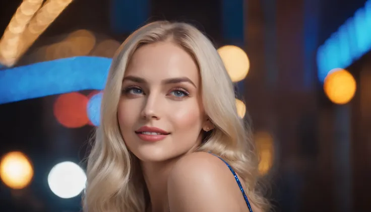 A sexy Romanian woman wearing blue sequins is sitting on her knees, looking at me and smiling against the colorful neon lights of New York City, she has beautiful blonde hair and clear blue-gray eyes She is 25 years old, has double eyelids, a slightly open...