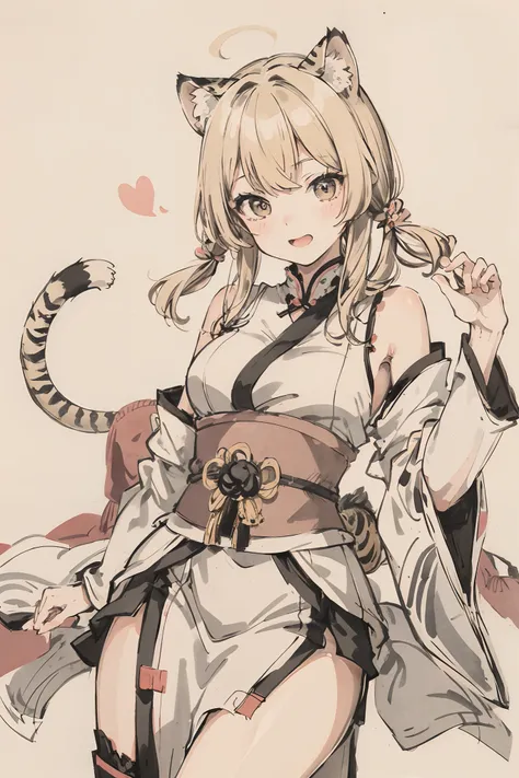 sparrow, japanese armor, blonde hair, cat ears, teen, girl, medium breast, slim, 1 girl, tiger tail, qipao,