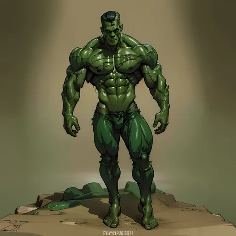 Frankenstein monster, and, green skin, muscular, masterpiece, full body view, distressed clothes