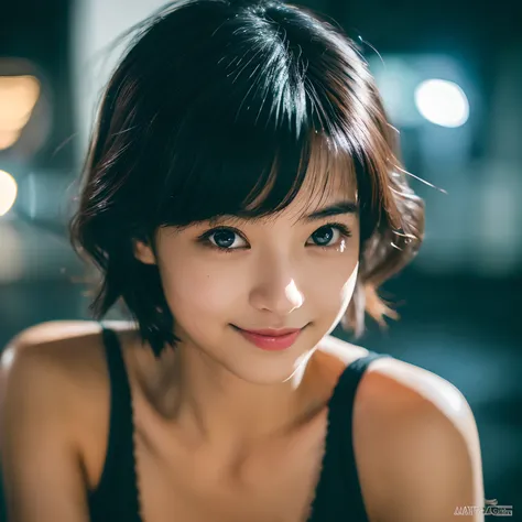 Night, Raw photography, (((Very beautiful portrait))), (Very beautiful portrait))), 1 girl, Sexy 18 year old girl, ((Natural black hair with a wolf cut)), odd eye,Gentle smile staring at the camera(cleavage), ((masutepiece, Best Quality, Ultra Detail, Cine...