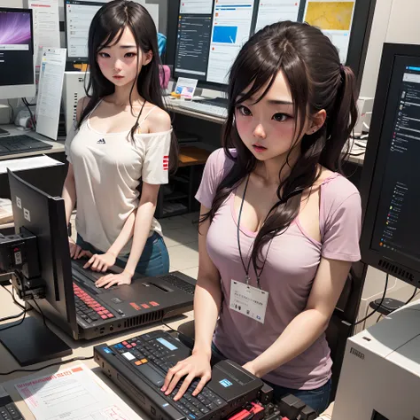 A mannequin similar to Erika Ikuta touches a computer