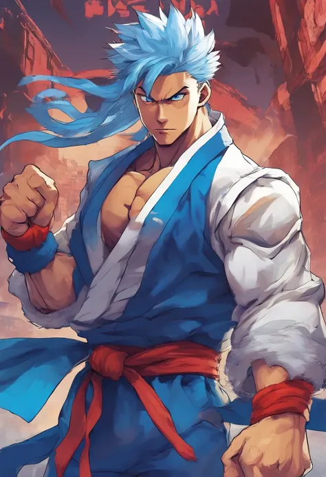 A boy, transformed into an anime style, blue hair, blue eyes, wearing a white shirt, a grey jacket, long blue scarf, standing in a boxing stance, in a dusty wasteland, high-contrast colors, 4K high-definition quality，young, smirking, flowing wind