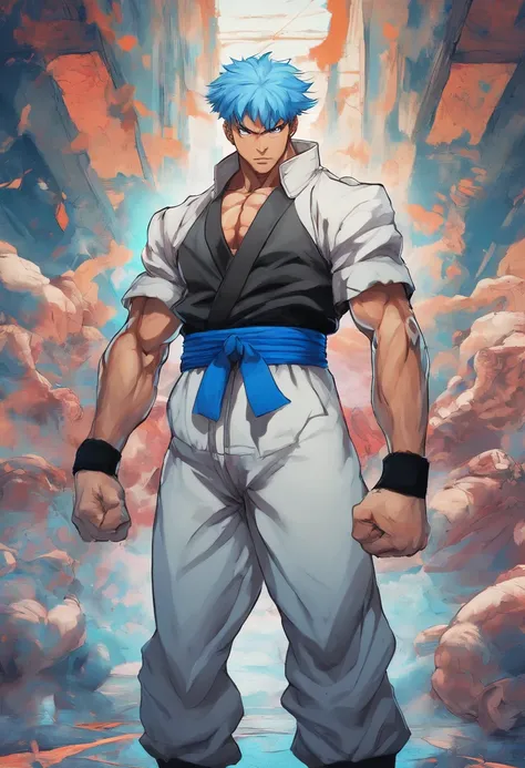 A boy, transformed into an anime style, blue hair, blue eyes, wearing a white shirt, a grey jacket, long blue scarf, standing in a boxing stance, in a dusty wasteland, high-contrast colors, 4K high-definition quality，young, smirking, flowing wind