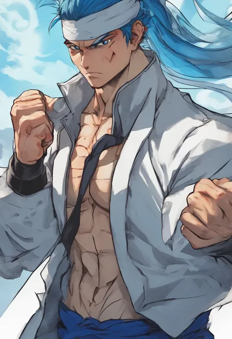 A boy, transformed into an anime style, blue hair, blue eyes, wearing a white shirt, a grey jacket, long blue scarf, standing in a boxing stance, in a dusty wasteland, high-contrast colors, 4K high-definition quality，young, smirking, flowing wind