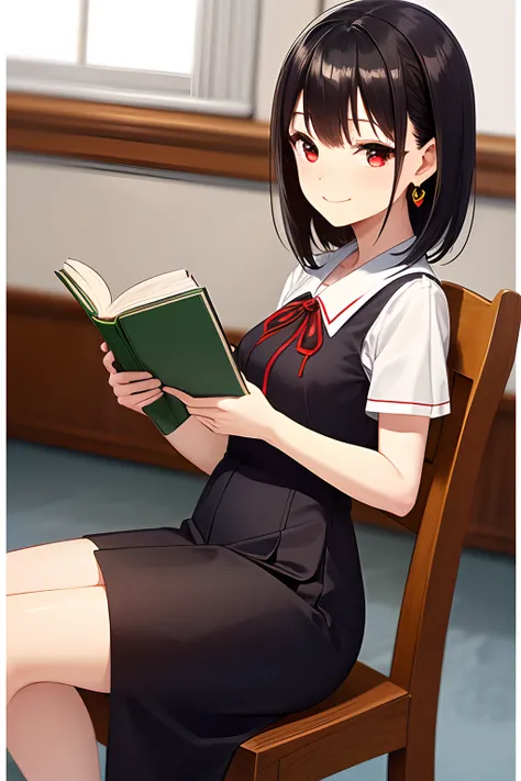 (((beautiful Asian woman))), (((medium black hair with red ribbon))), (((red eyes))), wearing a school uniform, shy smiling, delicate face, super detailed, 8k, super quality, sitting on the chair in the classeroom, heart earrings, reading a book