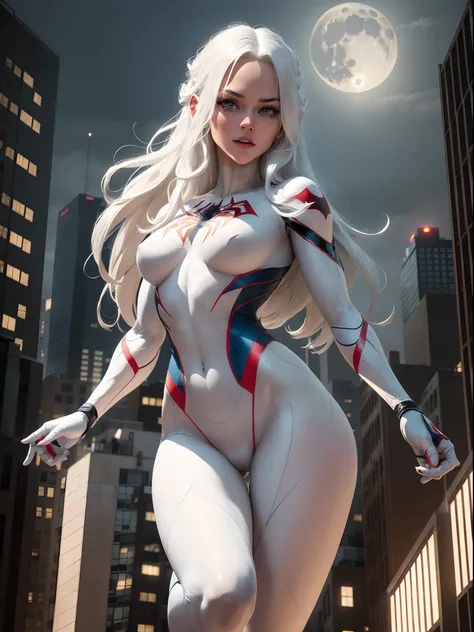 (Masterpiece, 4k resolution, ultra-realistic, very detailed), (White superhero theme, charismatic, theres a girl on top of town, wearing Spider-Man costume, shes a superhero), [ ((20 years), (long white hair:1.2), full body, (blue eyes:1.2), ((Spider-Man p...