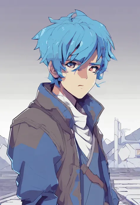 A boy, transformed into an anime style, blue hair, blue eyes, wearing a white t-shirt, a grey jacket, long blue scarf, one fist up, in a dusty wasteland, high-contrast colors, 4K high-definition quality, young, smirking, flowing wind