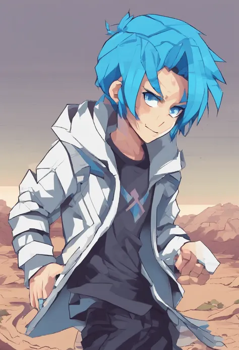 A boy, transformed into an anime style, blue hair, blue eyes, wearing a white t-shirt, a grey jacket, long blue scarf, one fist up, in a dusty wasteland, high-contrast colors, 4K high-definition quality, young, smirking, flowing wind