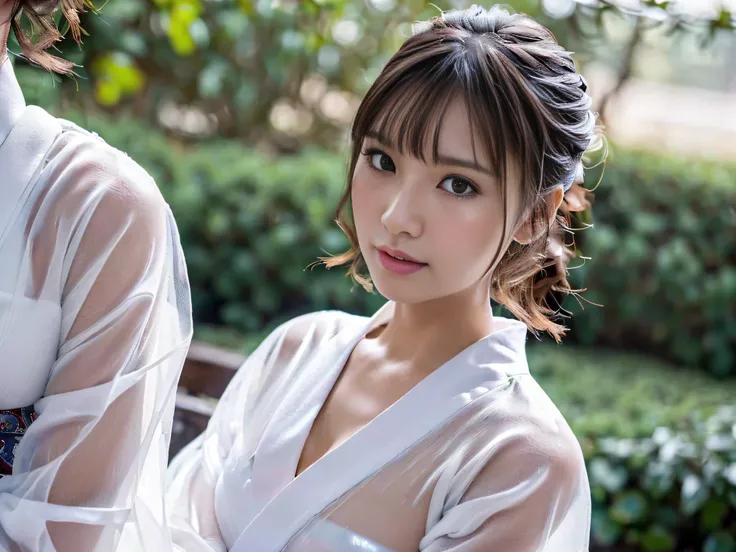 ((Girls wearing white yukata, see through:1.1, cleavage, sitting align toward to viewer, ryokan, extremely beautiful faces, Japanese idols, looking at viewer:1.2, detailed face:1.3 cute face, detailed eyes:1.2, cheek to cheek:1.1, ashamed, embarrassed:1.3,...