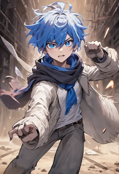 A boy, transformed into an anime style, blue hair, blue eyes, wearing a white t-shirt, a grey jacket, long blue scarf, one fist up, in a dusty wasteland, high-contrast colors, 4K high-definition quality, young, smirking, flowing wind