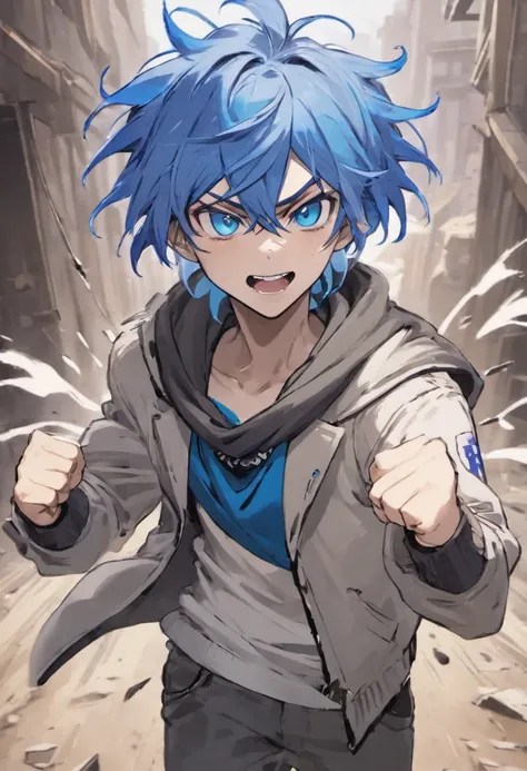 A boy, transformed into an anime style, blue hair, blue eyes, wearing a white t-shirt, a grey jacket, long blue scarf, one fist up, in a dusty wasteland, 4K high-definition quality, young adult, smirking, flowing wind, toothy grin