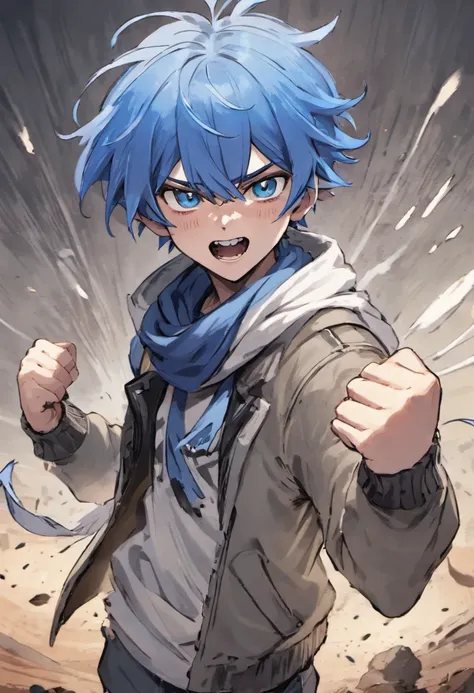 A boy, transformed into an anime style, blue hair, blue eyes, wearing a white t-shirt, a grey jacket, long blue scarf, one fist up, in a dusty wasteland, 4K high-definition quality, young adult, smirking, flowing wind, toothy grin