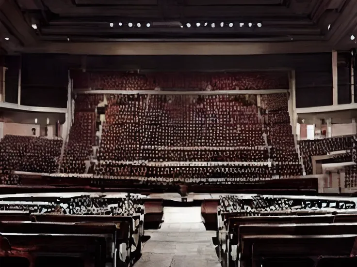 arafed stage with a red screen and chairs in a large room, photo of a big theaterstage, photo of a huge theaterstage, giant red ...