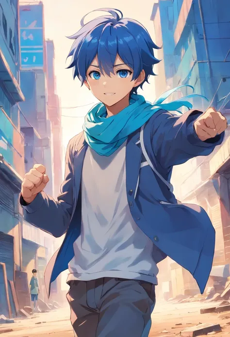 A boy, transformed into an anime style, blue hair, blue eyes, wearing a white t-shirt, a grey jacket, long blue scarf, one fist up, in a dusty wasteland, 4K high-definition quality, young adult, smirking, flowing wind, toothy grin