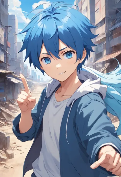 A boy, transformed into an anime style, blue hair, blue eyes, wearing a white t-shirt, a grey jacket, long blue scarf, one fist up, in a dusty wasteland, 4K high-definition quality, young adult, smirking, flowing wind, toothy grin