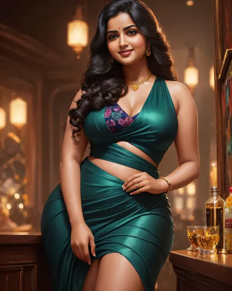 (masterpiece oil painting:1.3) of a (solo:1.3) ravishing curvy chubby tall seductress anupama parmeshwaran as spy, at an elegant...