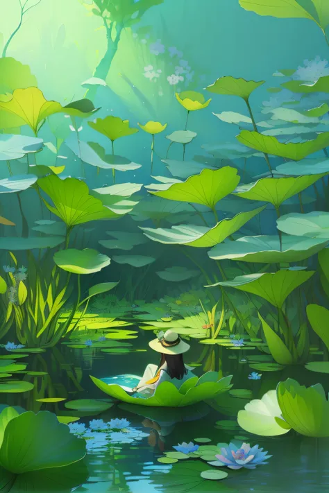 a woman sitting on a leaf in a pond surrounded by water lilies, relaxing concept art, by Li Song, by Yang J, a beautiful artwork illustration, serene illustration, anime nature, anime lush john 8k woods, by Goro Fujita, by Atey Ghailan, anime nature wallpa...