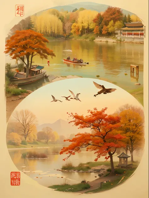 Peaceful scenery at dawn, Soft gold tones depict the horizon where birds sing，autumnal，Flaming red maple，riverbank，A place where nature and technology live in harmony，Let this artwork transport the viewer to another world, Old and new intertwined，Form capt...