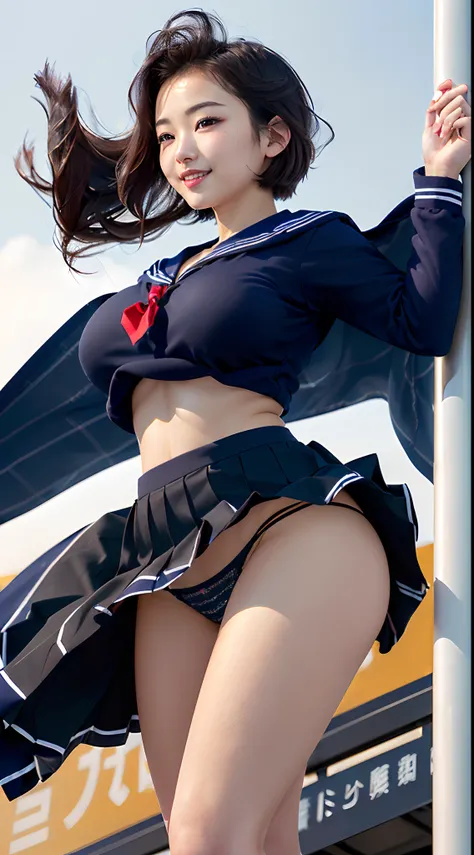 (in 8K、超A high resolution、Best Quality、Photorealsitic、masuter piece、The ultra -The high-definition、top-quality:1.1),(18year old:1.1)(hi-school girl、a sailor suit、Navy Pleated Mini Skirt、Black T-back、Hide all breasts、quite massive chest、Pretty big breasts、t...