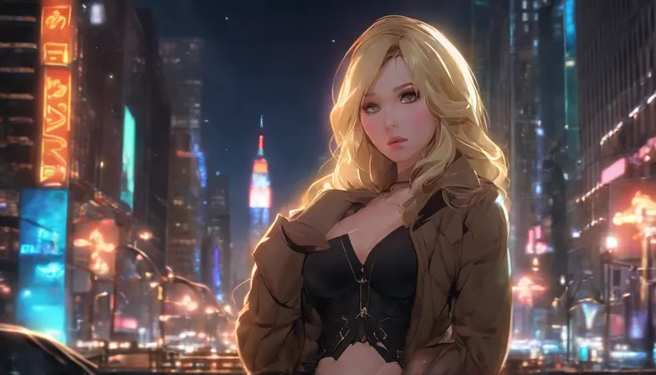 view full body,, A shy face with red cheeks　Sexy Woman(Position of the woman on the right side of the screen) realistic character，Bunky blonde hair, Sequin Dresses（Color/Sky Blue），show breast，Blue eyes, anime big breast, Alone, Modern, Cyberpunk Personalit...