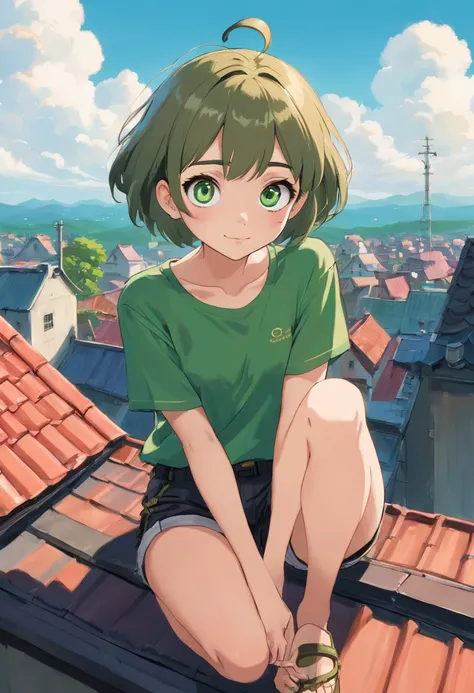 Girl sitting on the roof, big eyes, Green eyes, White eyelashes and eyebrows, Short Hair Hair, Black Tolstavka, Dark green shorts, ssmile