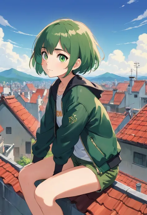 Girl sitting on the roof, big eyes, Green eyes, White eyelashes and eyebrows, Short Hair Hair, black jacket , Dark green shorts, ssmile, Short Hair Hair, Hair Tomboy, Hair white