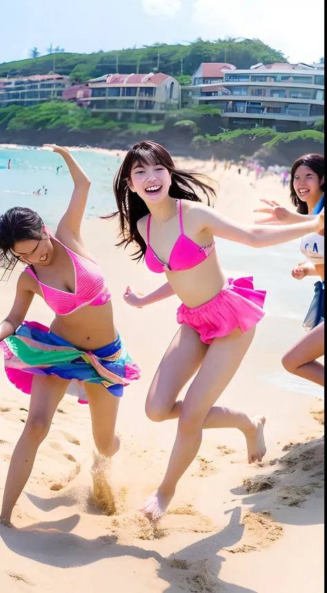 age19 、Energetic college girl 、Pink Pikini、Beautie 。sand beach、Feeling of movement、With multiple model friends、Frolicking。