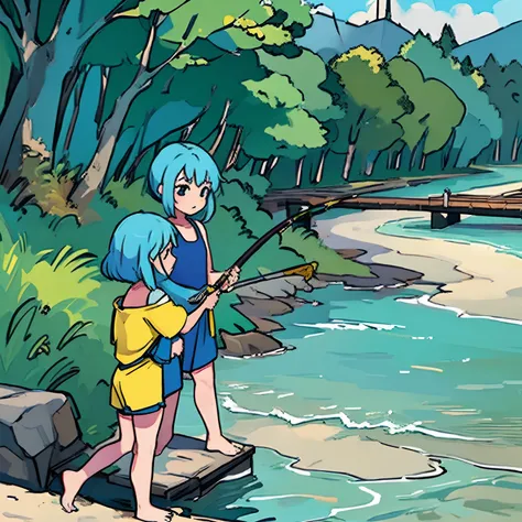 Fishing in the river, summer, under the tree, girl, yellowish blue hair, hd, tired face,barefoot,wearing one piece