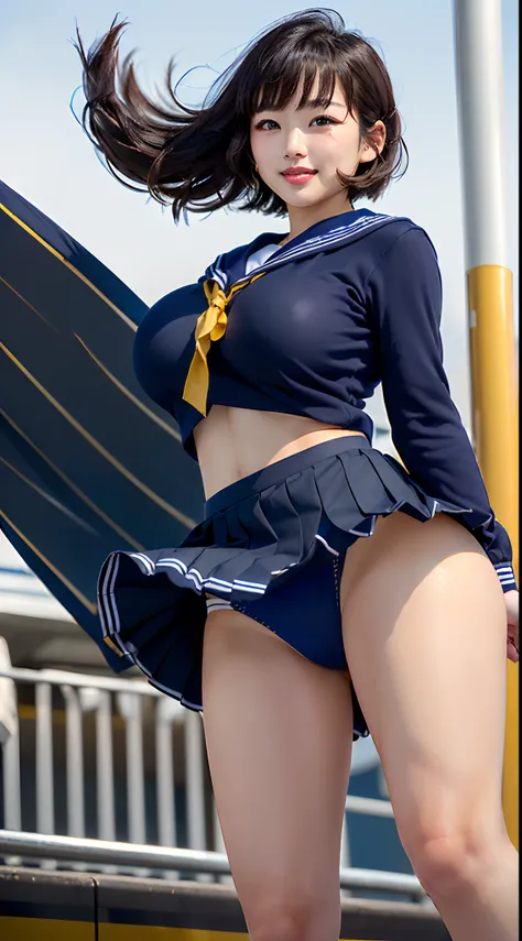 (in 8K、超A high resolution、Best Quality、Photorealsitic、masuter piece、The ultra -The high-definition、top-quality:1.1),(18year old:1.1)(hi-school girl、a sailor suit、Navy Pleated Mini Skirt、Gold T-back、Hide all breasts、quite massive chest、Pretty big breasts、to...