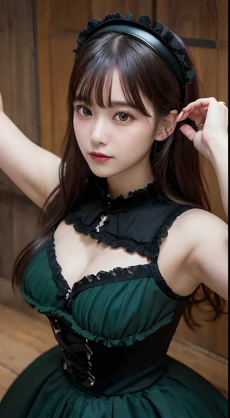 Innocent 18 year old girl、((Lolita Fashion,Gothic lolita,Black Green Gothic Lolita Dress,I can see the cleavage,Dramatic poses)),Smile,Twin-tailed,Curly hair,Background of Western-style buildings、Wooden wall background、Raw photo, (8K、top-quality、​masterpie...