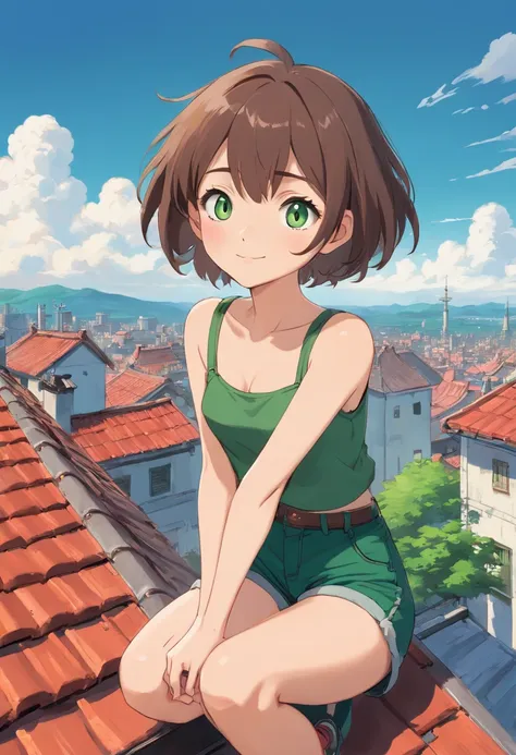 Girl sitting on the roof, Short Hair Hair, pixie hair, Hair white, big eyes, Green eyes, White eyelashes and eyebrows, Short Hair Hair, , Dark green shorts, ssmile, A black T-shirt with the inscription "My life is hell"