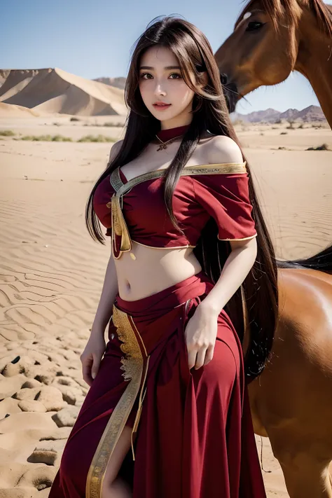 JasmineWaifu， Arabic costumes ，8K，Beautiful face， Realistic photos, off-the-shoulder shirts, Skirts are tied more, Long hair jewelry red arabic costume standing next to Arabian horse in the desert