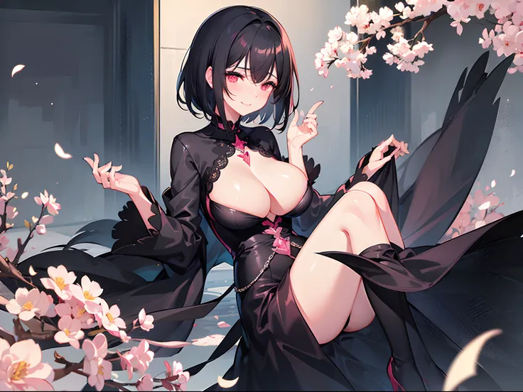 A woman with short black hair and pink-red eyes....Wearing a black dress... Slim profile, Fair-skinned, large boobs, He blushed slightly...., Close your eyes and smile brightly......On mobile, White flowers are:...