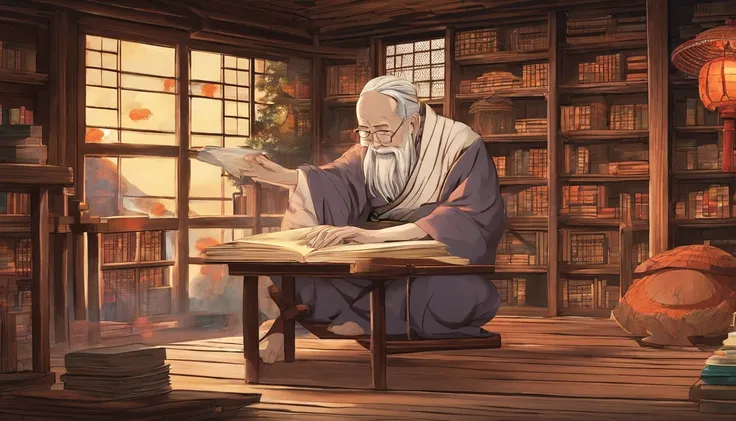 old zen master and his pupil sitting in a wooden cottage, teaching lessons, surrounded by books