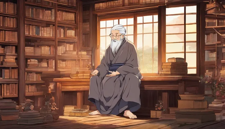 old zen master and his pupil sitting in a wooden cottage, teaching lessons, surrounded by books