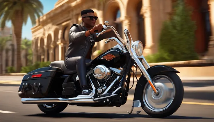 a 3D Disney Pixar style poster of a black man, vestido com farda operacional, with sunglasses, pilotando uma Harley Davidson 883 em um passeio de motocicleta